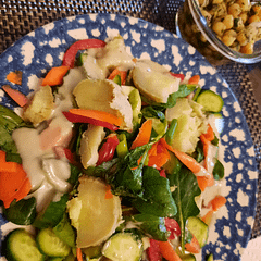 Digestion Friendly Asian Sweet Potato in Salad of Greens, Carrots, Cucumbers
