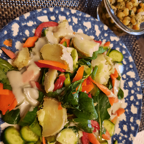 Digestion Friendly Asian Sweet Potato in Salad of Greens, Carrots, Cucumbers